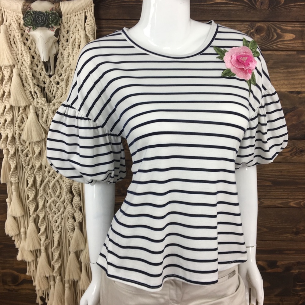 Fyve‎ | Striped Floral Bubble Sleeve Blouse